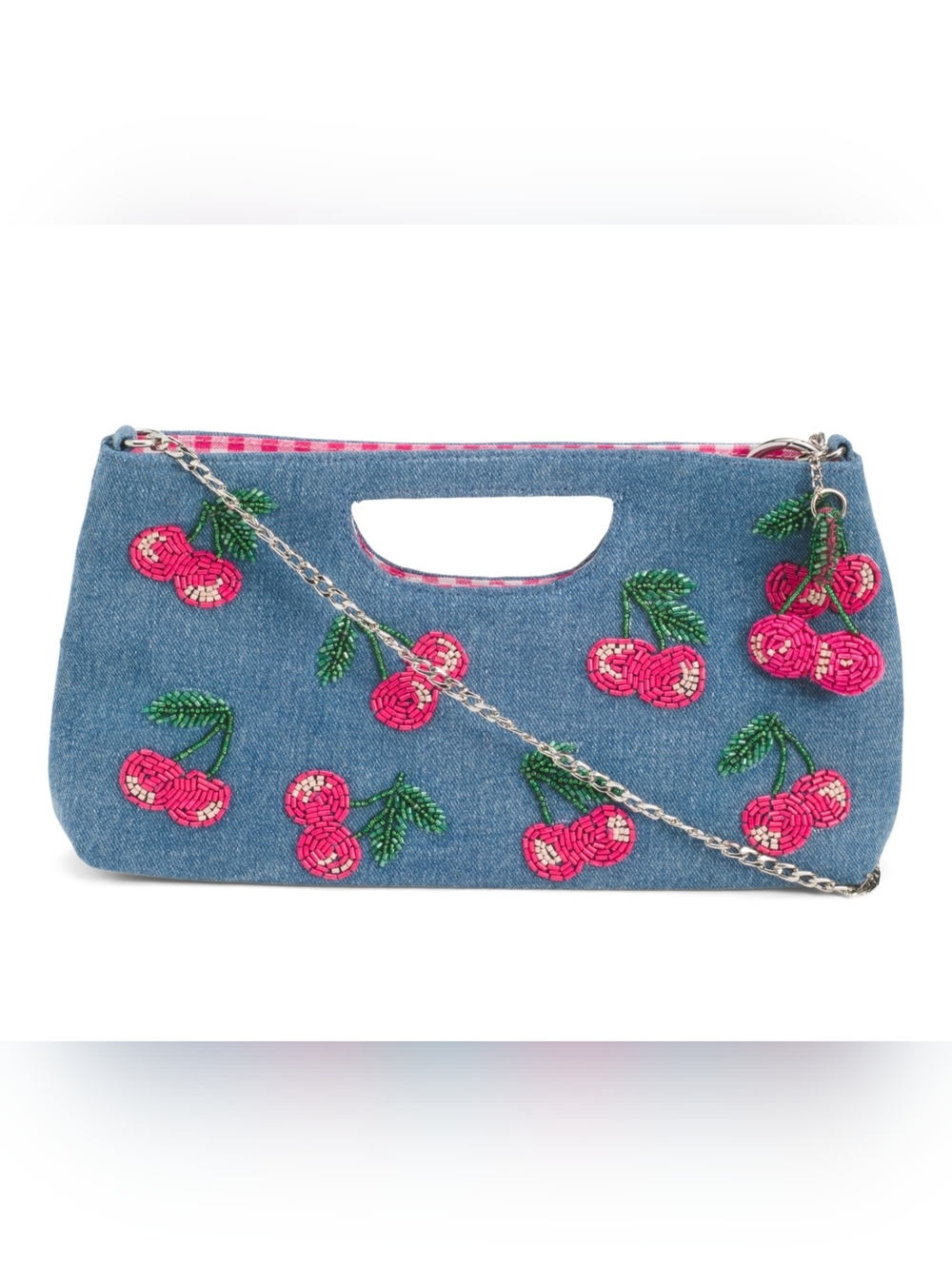 HANDMADE IN INDIA BLUE DENIM BEADED  CLUTCH BAG W/ BAG CHARM *CHERRIES* NEW